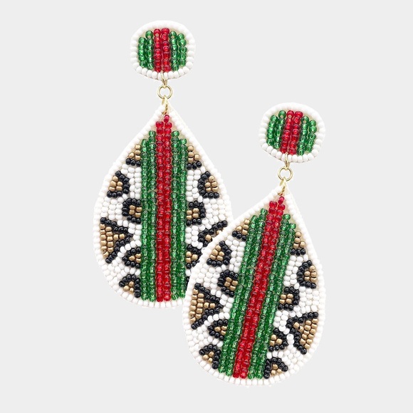 White Red Green Gold Leopard Print Tear Drop Earrings 28$